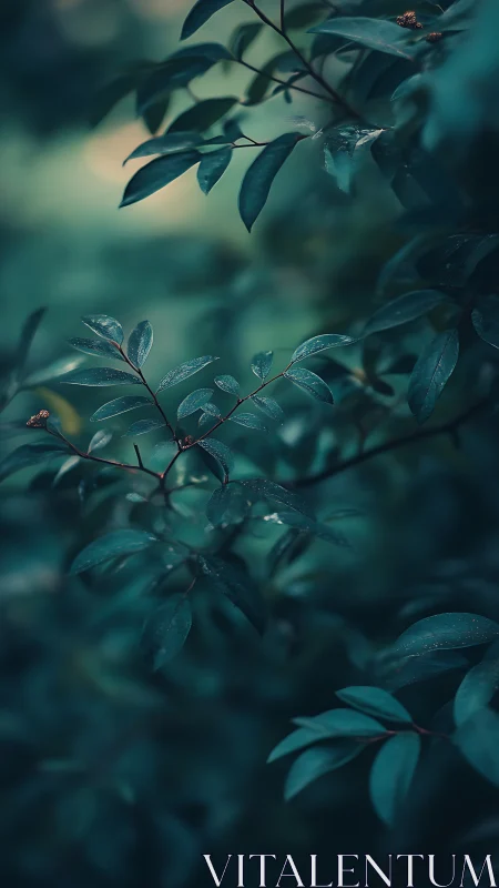 Moody teal foliage captured with shallow depth of field