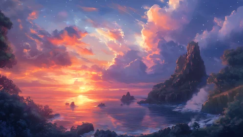 Radiant ocean sunset bathes rugged coastal cliffs in light