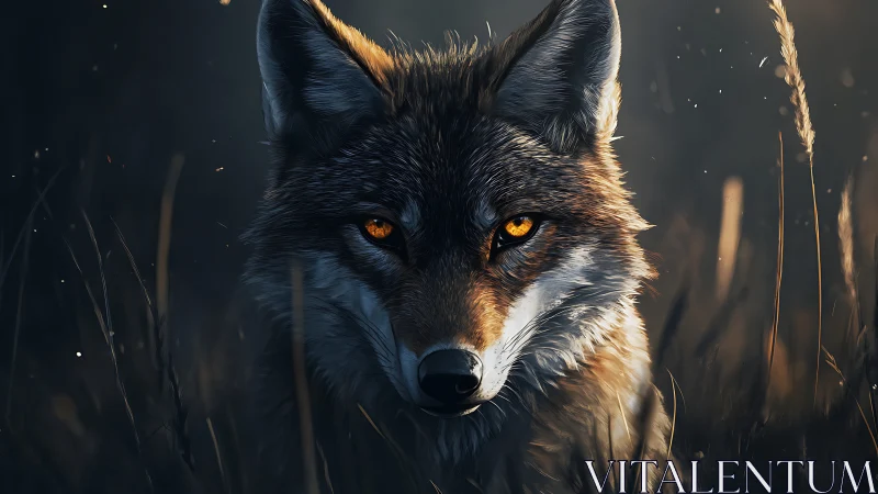 Low-key fox portrait with rim-lit fur and luminous amber eyes
