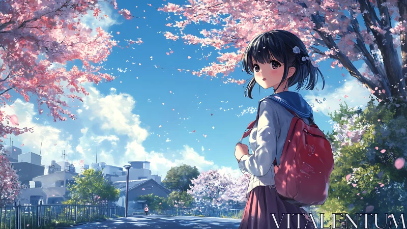 Springtime schoolgirl under cherry blossoms in urban street