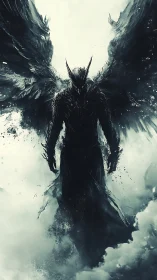 Dark winged angel silhouette emerging through storm clouds.