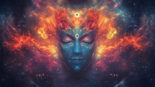 Cosmic dreamer with galaxies blooming from quiet mind.