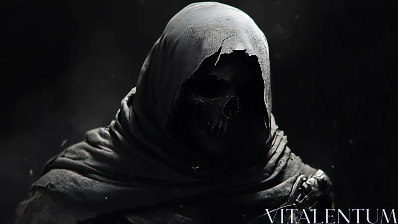 Grim reaper hooded skull rendered in cinematic photorealism.