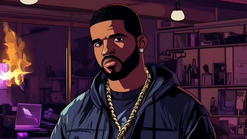 Neon-lit urban portrait with burning office backdrop illustration.