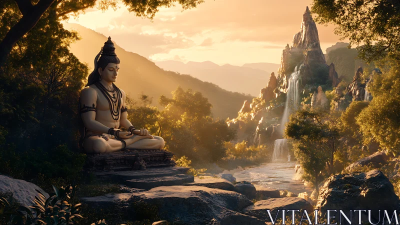 Peaceful Shiva statue in golden mountain forest sunrise.