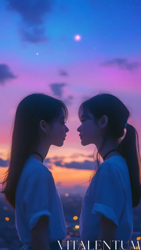 Twin silhouettes under gradient twilight sky with city bokeh