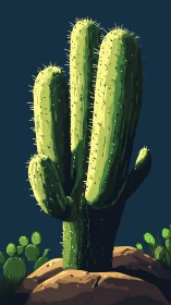 Tall desert cactus rises from warm rocks under night sky