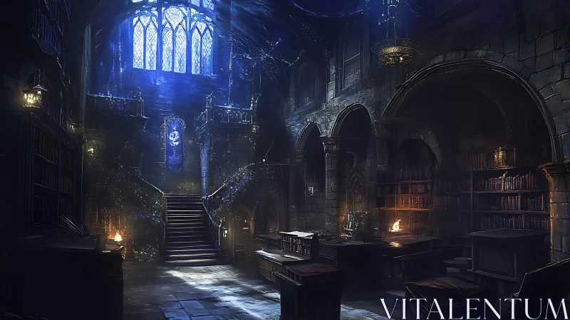 Gothic stone library hall with stairway and skylight.