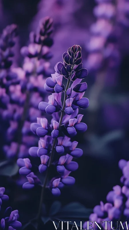 Purple Lupine Spires in Soft Focus Garden Study.