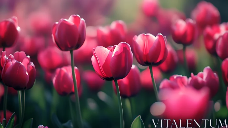 Luminous Deep Crimson Tulips in Layered Soft-Focus Garden Composition.