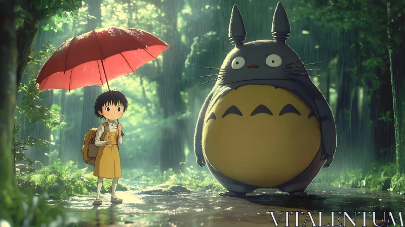 Forest rain encounter with child and gentle forest spirit.