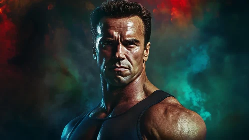 Muscular male portrait rendered against dense colored smoke