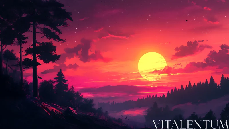 Vivid digital sunset over forested hills and valley.