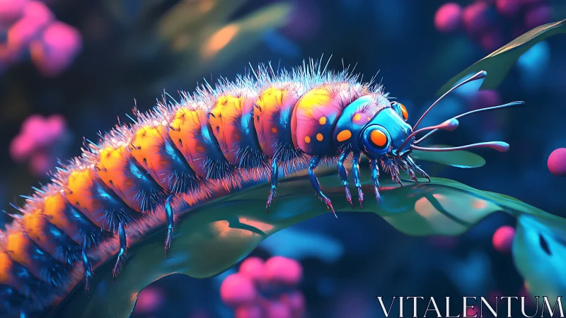 Neon macro caterpillar rendered with volumetric bokeh and rim light