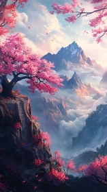 Blossom stairway ascends through clouds to crystal peaks.