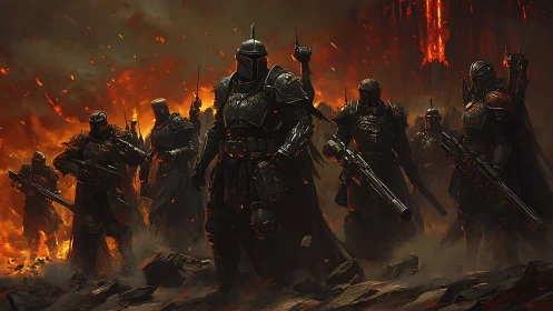 Armored warriors advance through volcanic battlefield inferno.