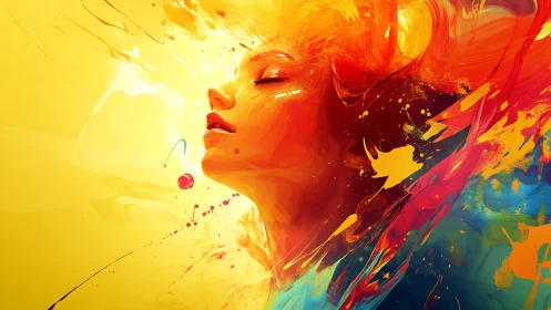 Vivid female profile dissolves into dynamic polychromatic paint fields