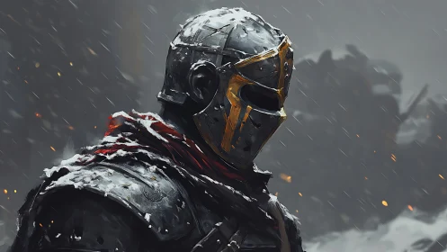 Digital painting of armored knight in snowbound battlefield profile.