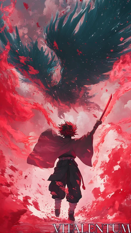 Swordbearer confronting crimson storm phoenix in battle.