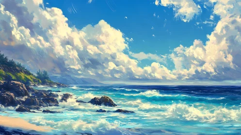 Dynamic coastal seascape renders turbulent surf and cumulus cloudfield