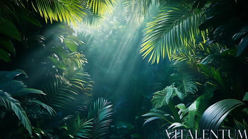 Dense Tropical Jungle Canopy With Golden Sunlight Rays.