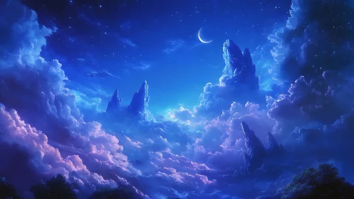 Moonlit cloud spires quietly stitch a dreamscape sky together