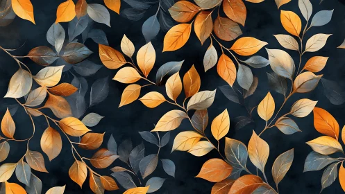 Golden and blue foliage pattern over deep charcoal field