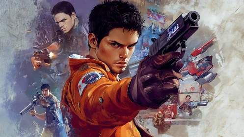 Gun-wielding hero confronts danger in dynamic painted collage