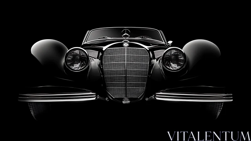 Midnight portrait of a classic luxury roadster&rsquo;s proud face.