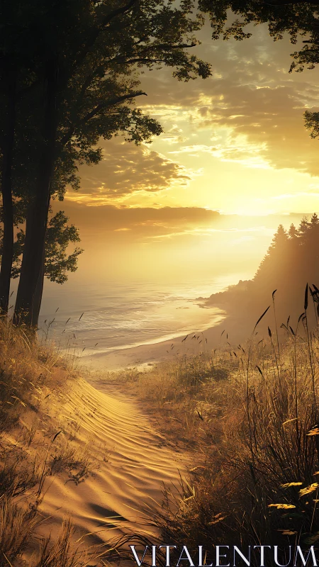 Golden coastal dune path descends toward calm sunset sea