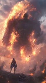 Humanoid figure confronts large flaming giant in smoke-filled scene.