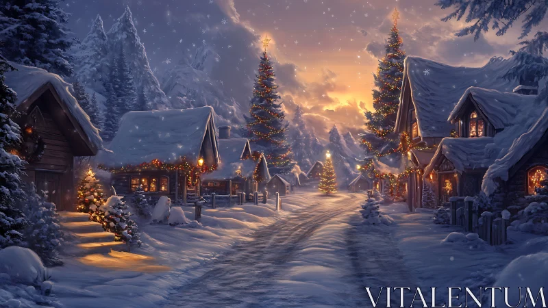Snow covered village street shows lit Christmas trees at dusk