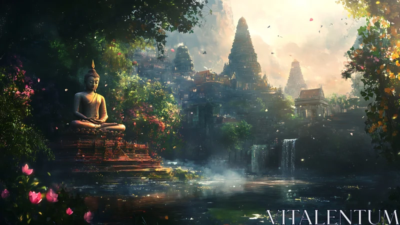 Radiant Buddha statue anchors misty temple valley illumination