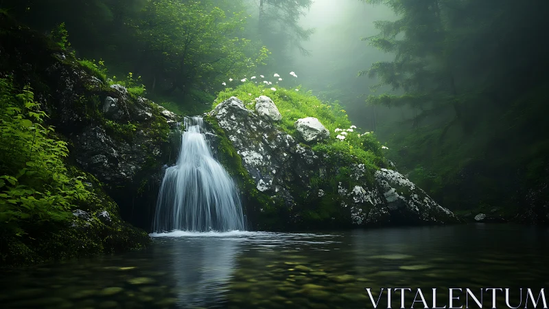 Whispering glen waterfall cradled by moss and morning mist.