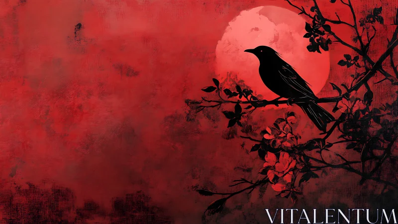 Silhouette crow on dark blossoms under blood red moon.