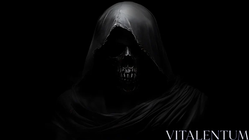 Hooded skeletal wraith emerges from darkness in chilling silence