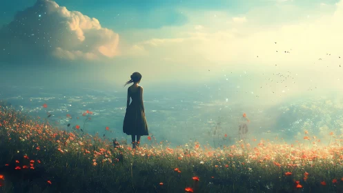 Solitary figure on flowered hillside overlooking hazy valley.