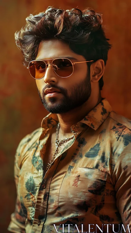 Portrait of man wearing patterned shirt and sunglasses.