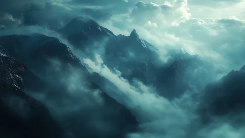Glacial mountain ridges veiled in cinematic storm clouds.