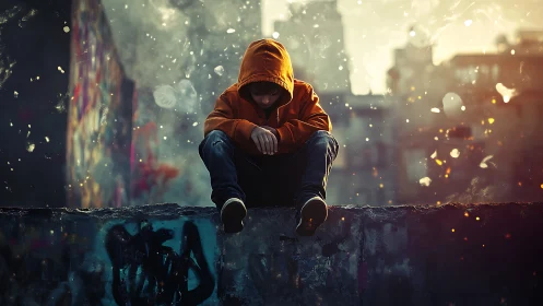 Hooded dreamer on a graffiti ledge in drifting city sparks.