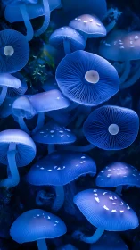 Glowing blue mushrooms create a dreamy forest-night wonderland