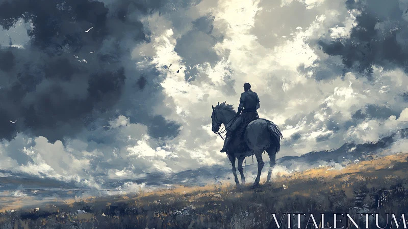 Lone rider surveys stormlit plain beneath vast sky.
