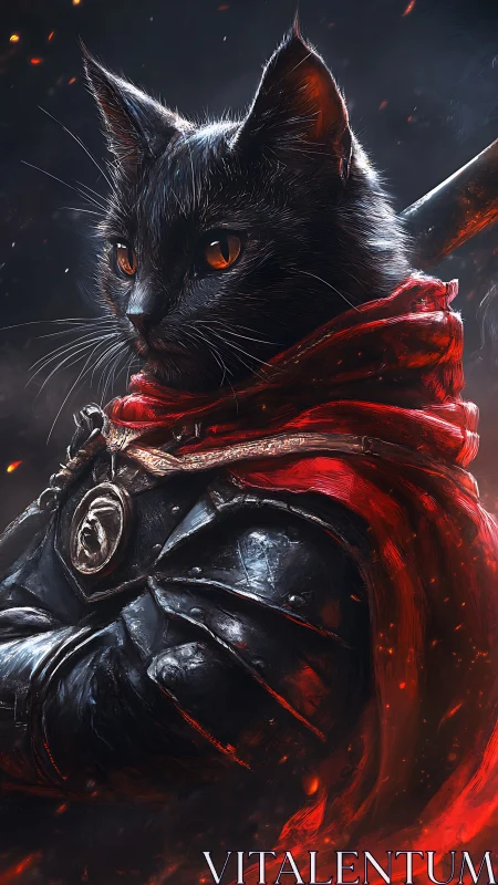 Armored black cat warrior in red cloak amid embers