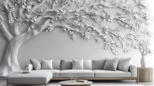 Monochrome living room with sculpted floral tree wall art.