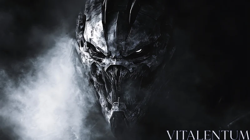 Armored cybernetic skull emerging from smoky darkness.