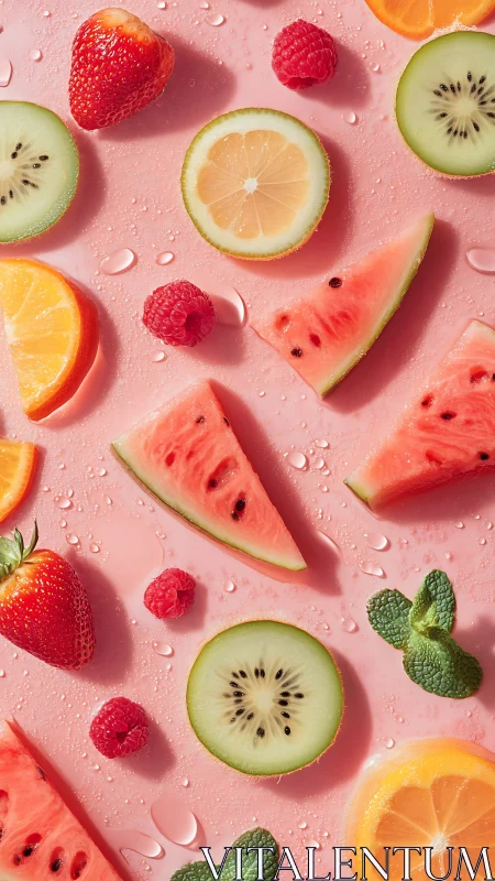 Hydrated summer fruit pattern on pink studio backdrop.