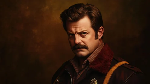 Weathered sheriff’s steady gaze in warm rustic light.