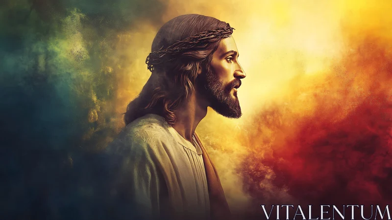 Solemn side portrait of Christ amid radiant sacred light