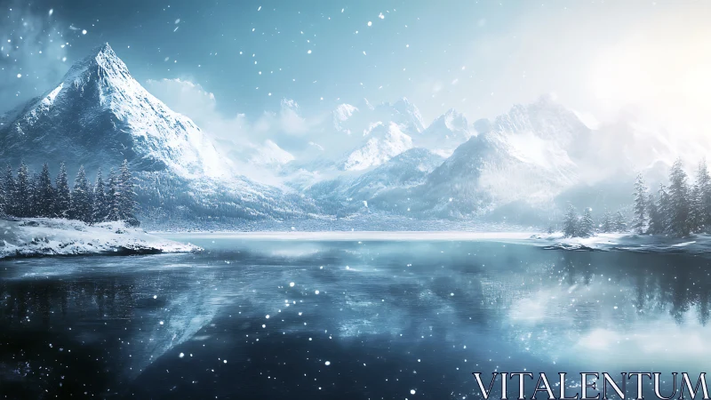 Snowy alpine lake reflects towering mountains in soft light