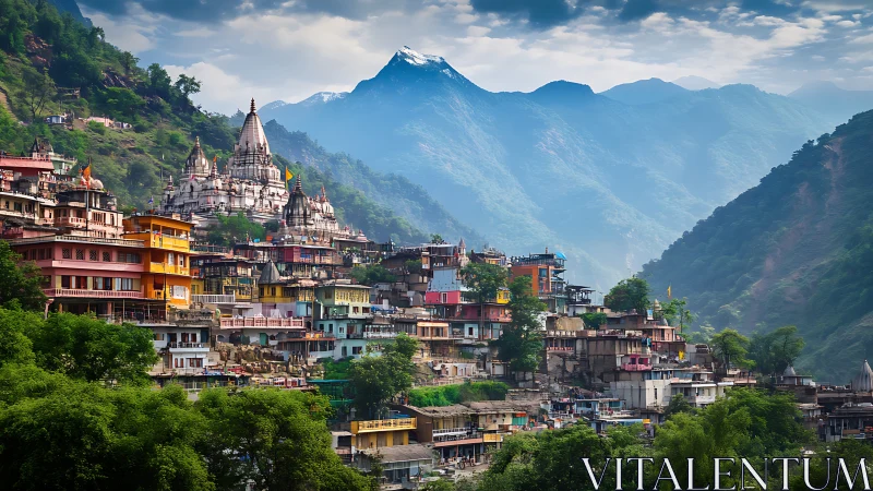 Hill town with Hindu temple complex in lush mountain valley.